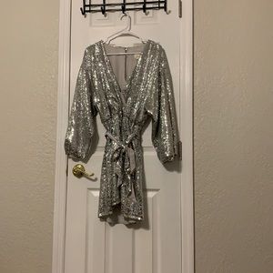 Anthropologie Sequin Dress with Tie Waist and Puff Sleeve